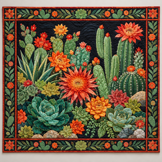 Flowering Cacti On Midnight Black TD141026214 Quilt Blanket