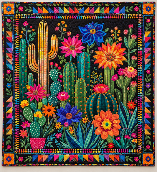 Vivid Cacti And Flowers On Black TD141026334 Quilt Blanket