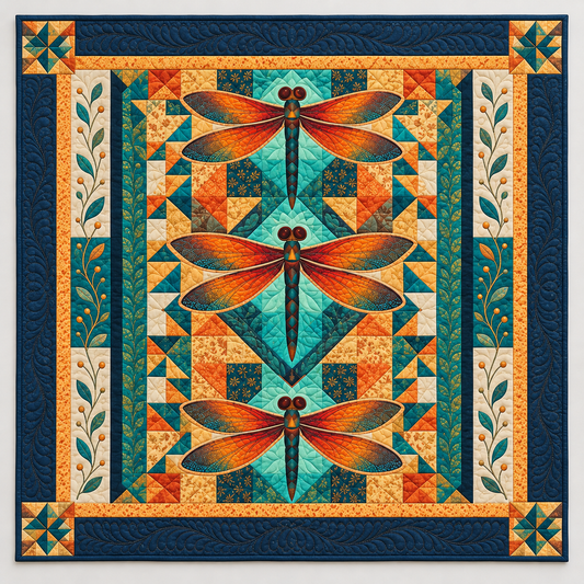 Orange Dragonflies In Turquoise Patchwork TD141026375 Quilt Blanket