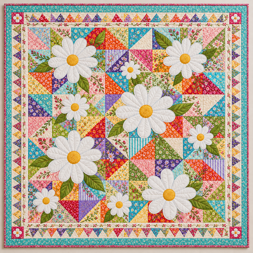 White Daisies And Bright Scrap Triangles TD141026404 Quilt Blanket