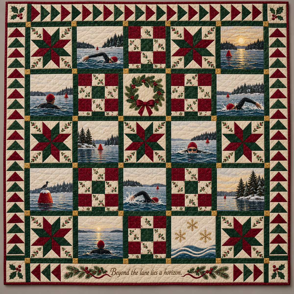 Open Water Swimming Evergreen Star Sampler Quilt Blanket
