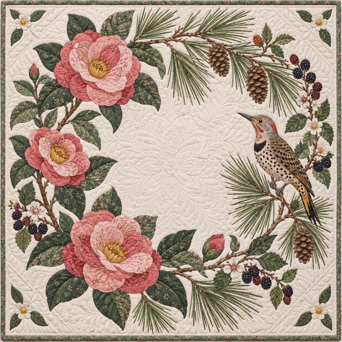 Alabama Camellia and Pine Quilt Blanket
