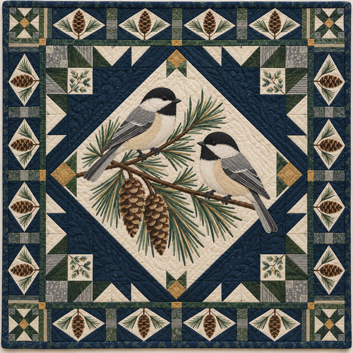 Maine Chickadee Pine Hearth quilt blanket