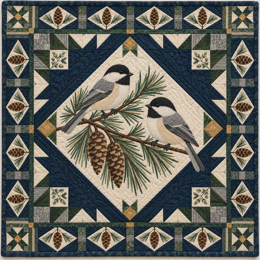 Maine Chickadee Pine Hearth quilt blanket