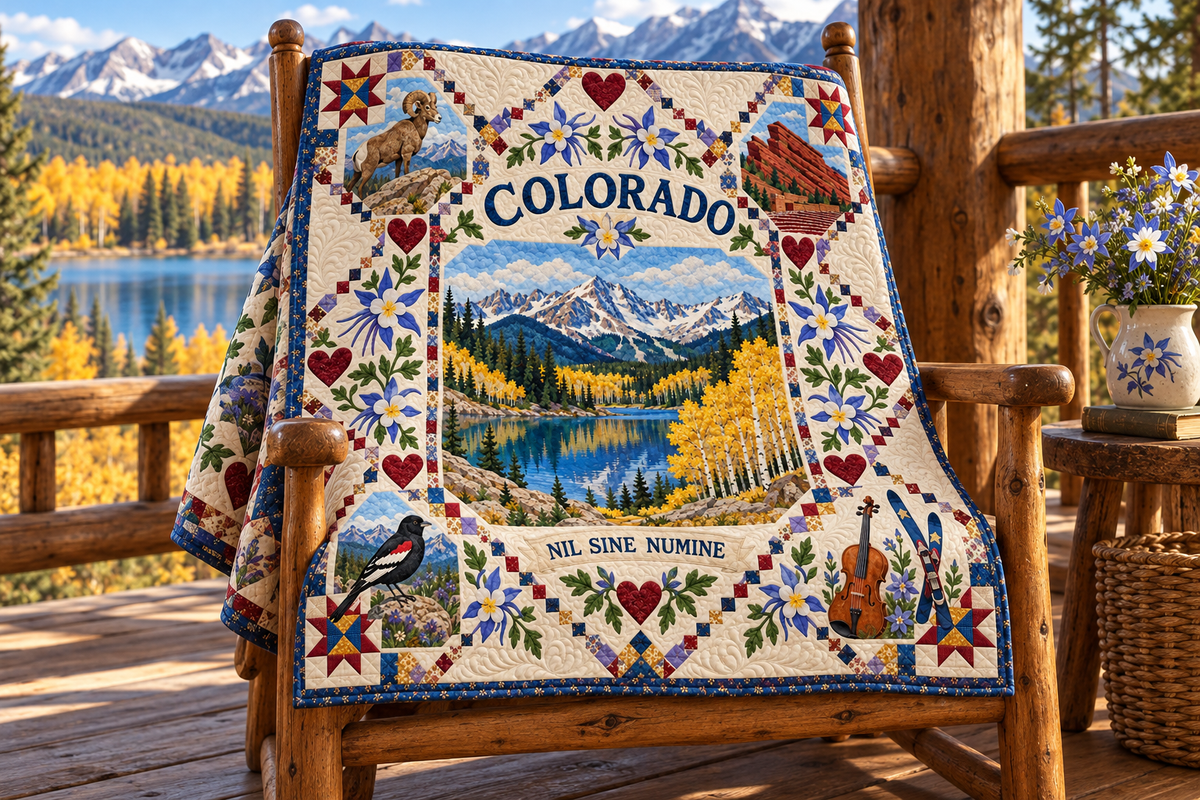 Colorado Alpine Lake and Aspens Quilt Blanket — chair mockup in a setting inspired by the design