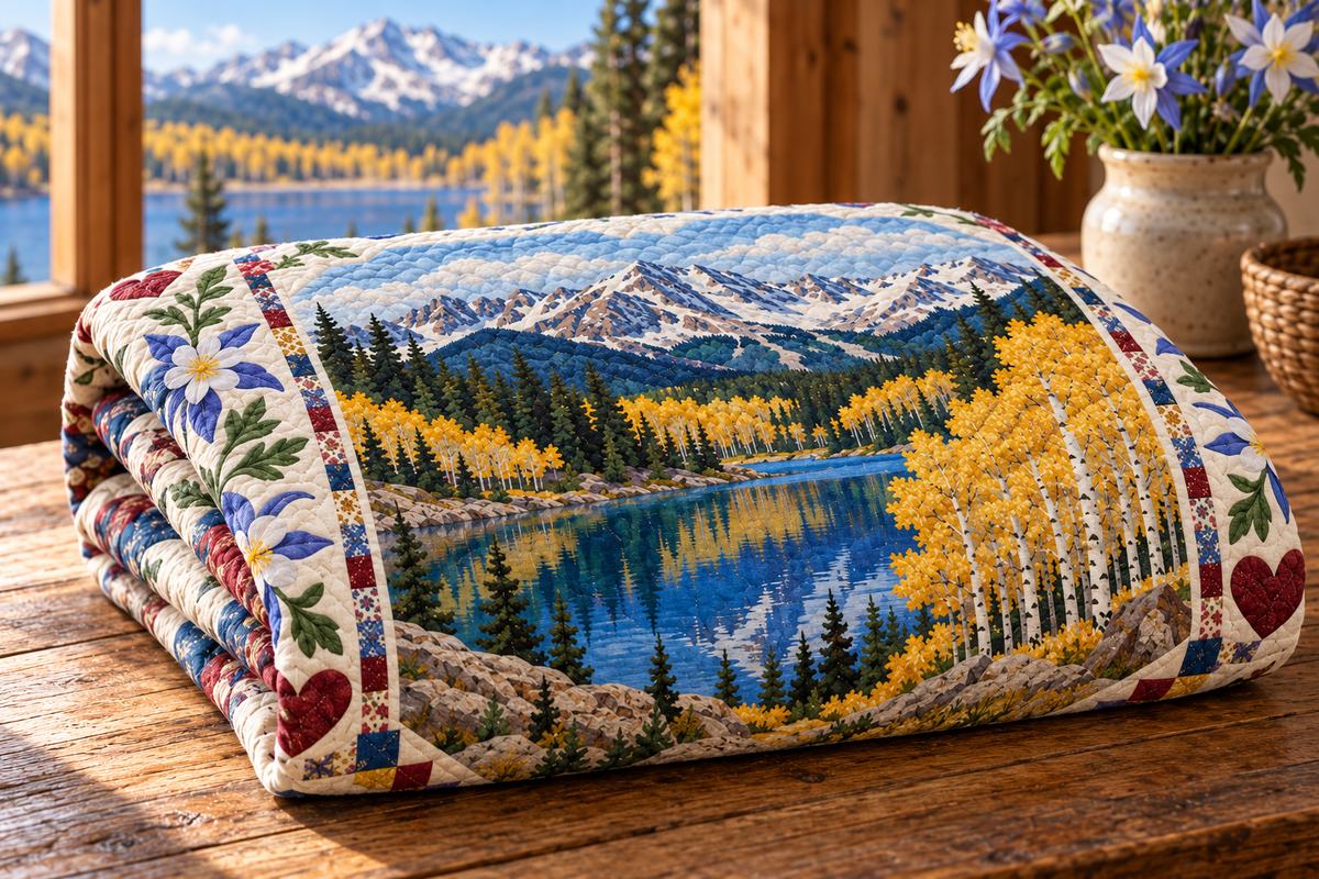 Colorado Alpine Lake and Aspens Quilt Blanket — folded mockup in a setting inspired by the design