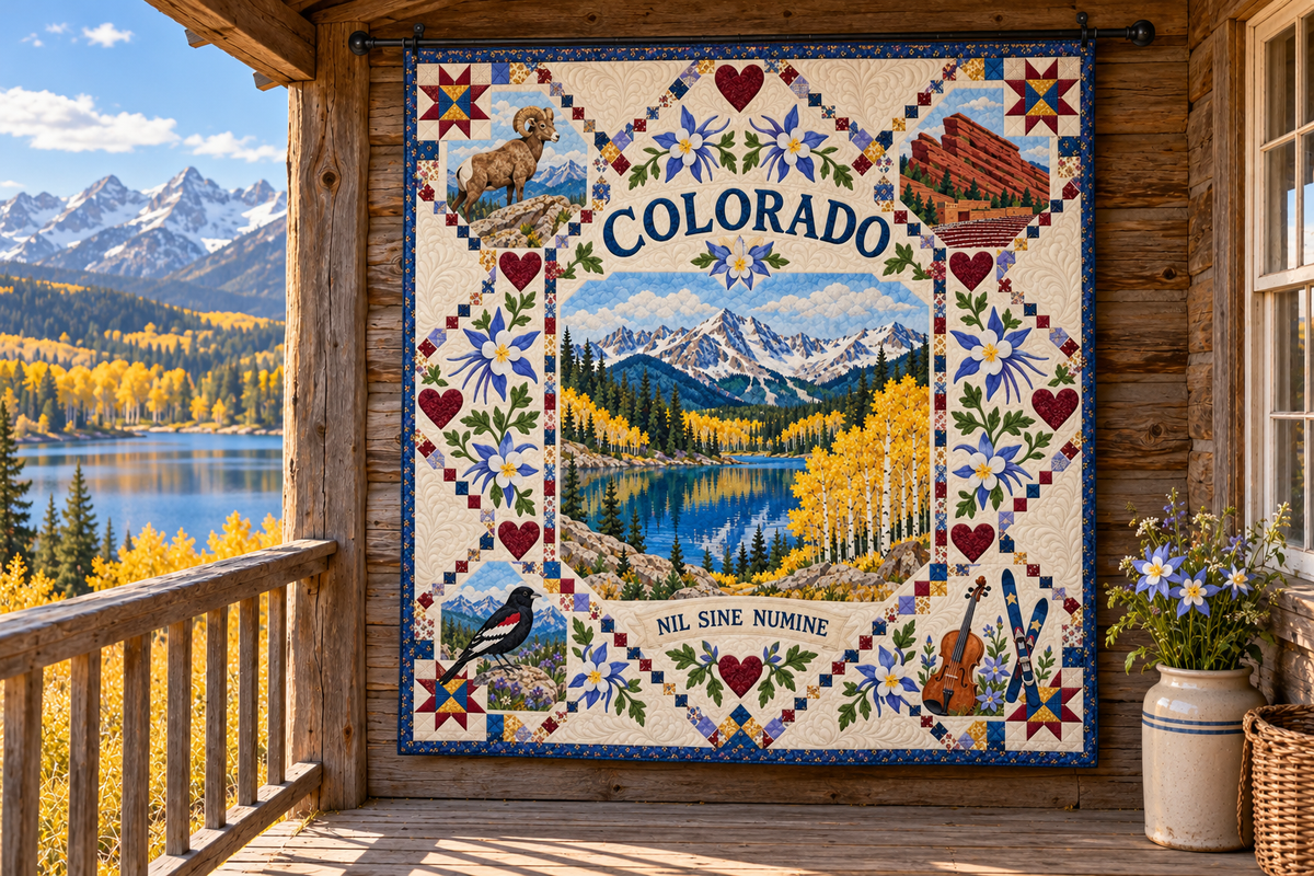 Colorado Alpine Lake and Aspens Quilt Blanket — hanging mockup in a setting inspired by the design