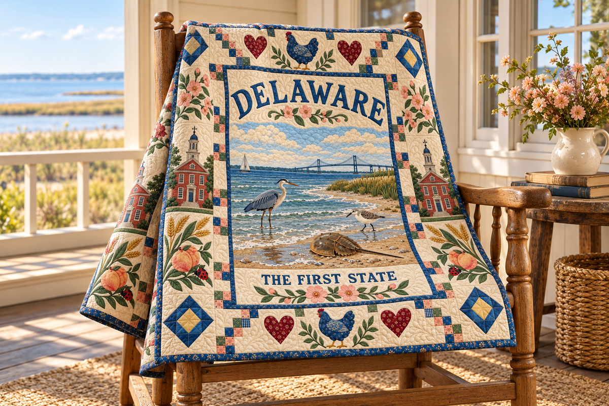 Delaware Delaware Bay Shore Quilt Blanket — chair mockup in a setting inspired by the design