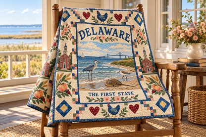 Delaware Delaware Bay Shore Quilt Blanket — chair mockup in a setting inspired by the design