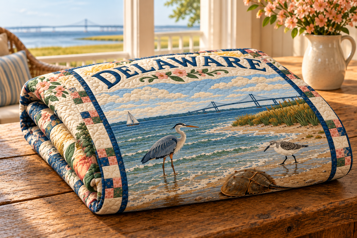 Delaware Delaware Bay Shore Quilt Blanket — folded mockup in a setting inspired by the design