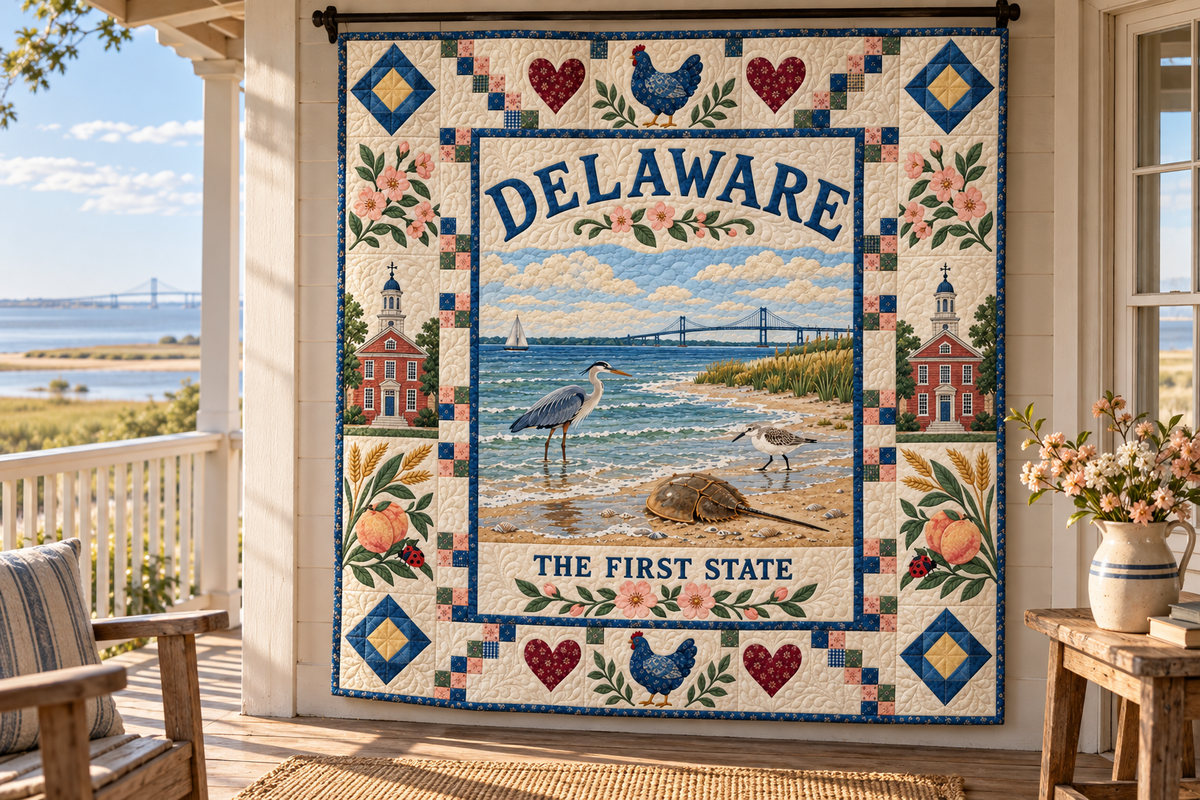 Delaware Delaware Bay Shore Quilt Blanket — hanging mockup in a setting inspired by the design