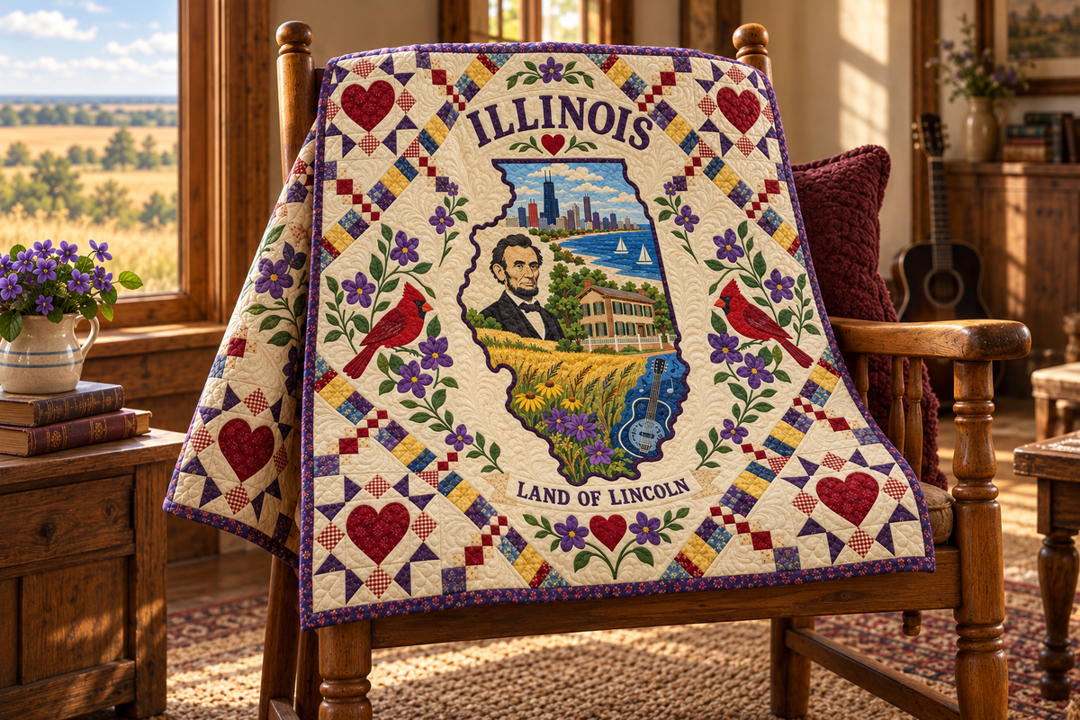 Illinois Home Map Quilt Blanket — chair mockup in a setting inspired by the design