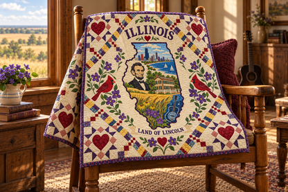 Illinois Home Map Quilt Blanket — chair mockup in a setting inspired by the design
