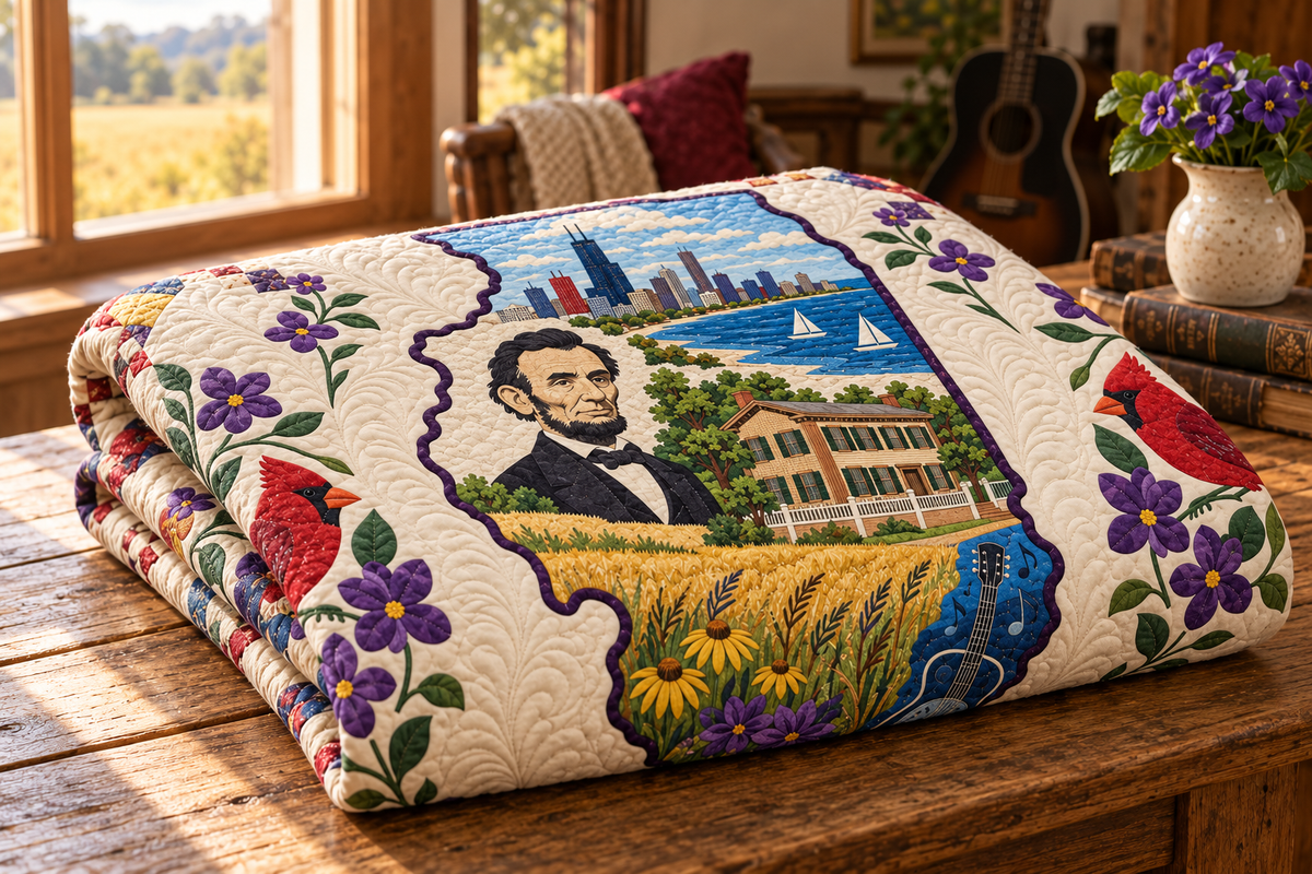 Illinois Home Map Quilt Blanket — folded mockup in a setting inspired by the design