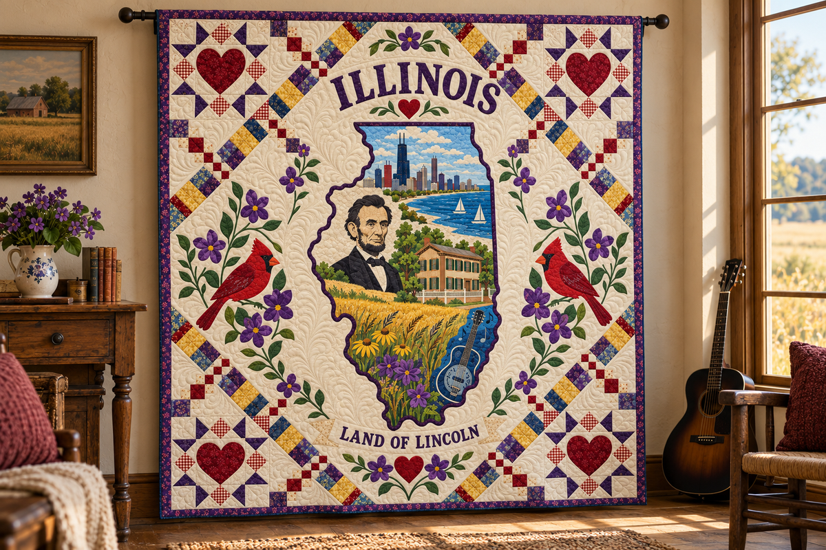 Illinois Home Map Quilt Blanket — hanging mockup in a setting inspired by the design
