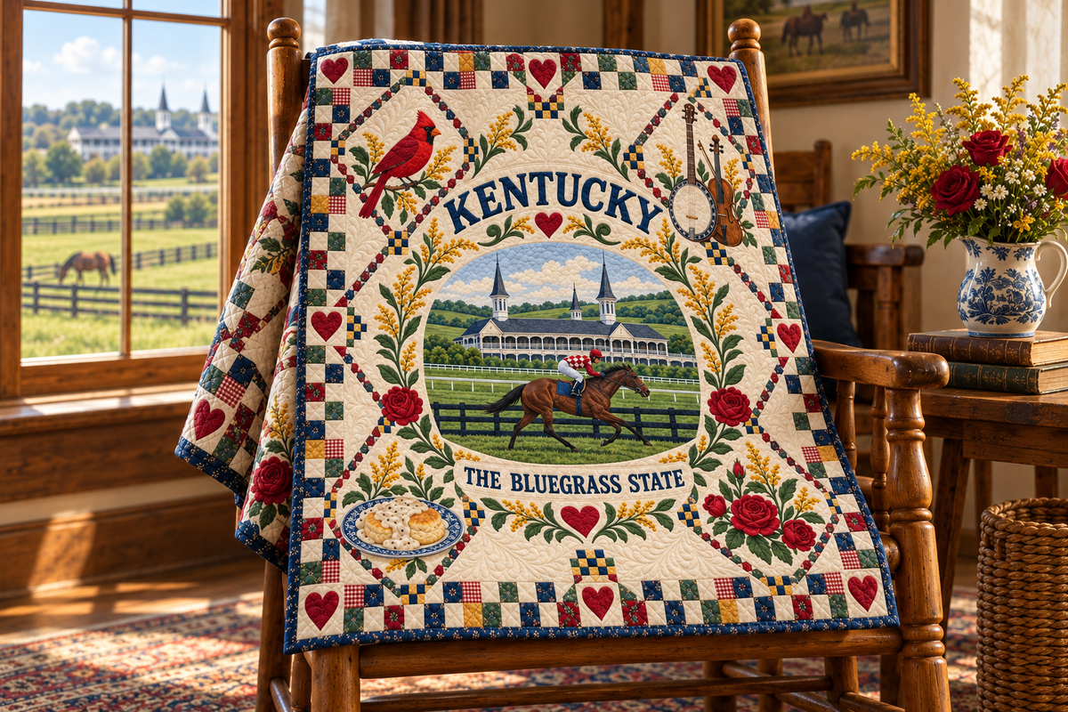 Kentucky Bluegrass Heritage Quilt Blanket — chair mockup in a setting inspired by the design