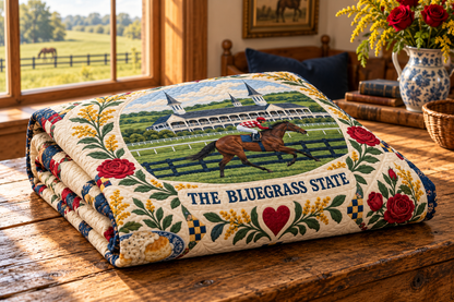 Kentucky Bluegrass Heritage Quilt Blanket — folded mockup in a setting inspired by the design