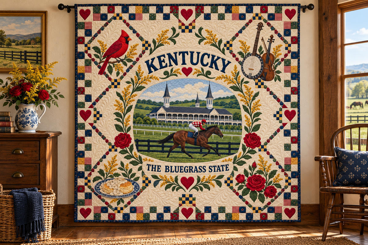 Kentucky Bluegrass Heritage Quilt Blanket — hanging mockup in a setting inspired by the design