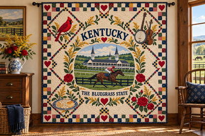 Kentucky Bluegrass Heritage Quilt Blanket — hanging mockup in a setting inspired by the design