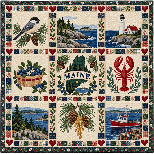 Maine Pine and Chickadee Quilt Blanket