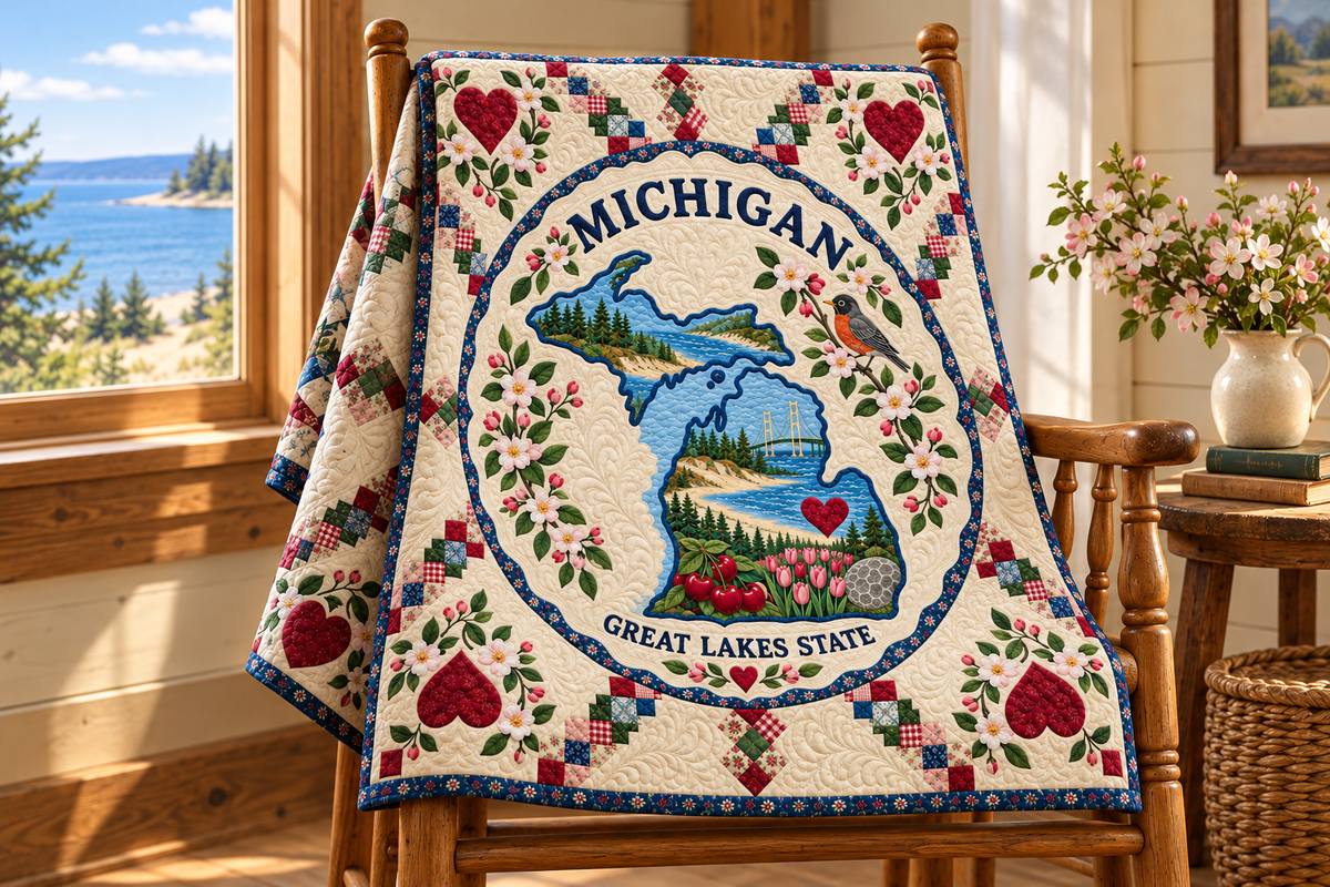 Michigan Home Map Quilt Blanket — chair mockup in a setting inspired by the design