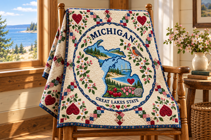 Michigan Home Map Quilt Blanket — chair mockup in a setting inspired by the design