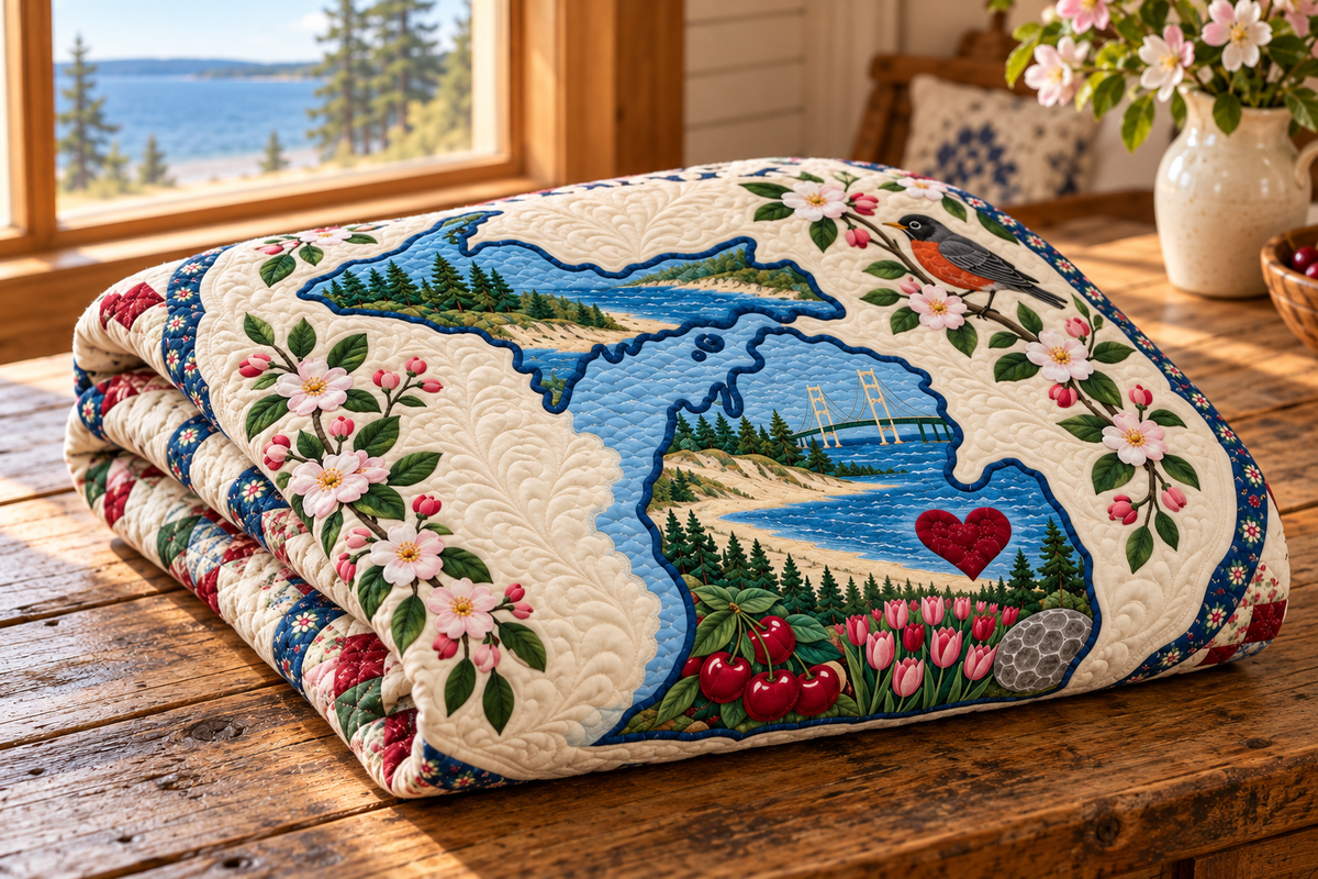 Michigan Home Map Quilt Blanket — folded mockup in a setting inspired by the design