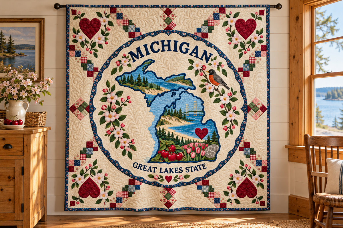 Michigan Home Map Quilt Blanket — hanging mockup in a setting inspired by the design