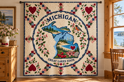 Michigan Home Map Quilt Blanket — hanging mockup in a setting inspired by the design