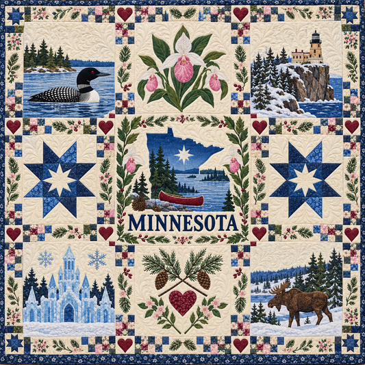 Minnesota Lady Slipper and Loon Quilt Blanket