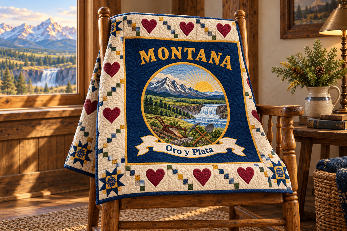 Montana Oro Y Plata Medallion Quilt Blanket — chair mockup in a setting inspired by the design