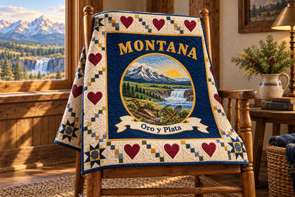 Montana Oro Y Plata Medallion Quilt Blanket — chair mockup in a setting inspired by the design