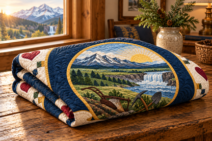 Montana Oro Y Plata Medallion Quilt Blanket — folded mockup in a setting inspired by the design