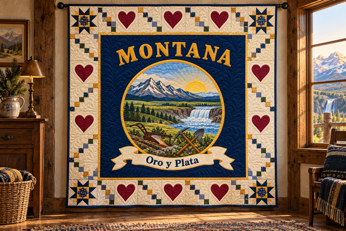 Montana Oro Y Plata Medallion Quilt Blanket — hanging mockup in a setting inspired by the design