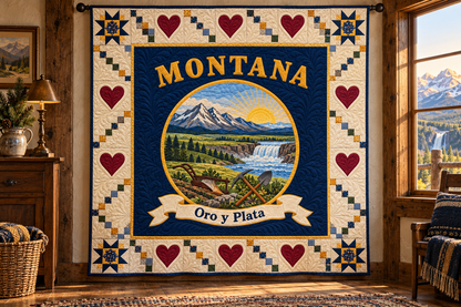 Montana Oro Y Plata Medallion Quilt Blanket — hanging mockup in a setting inspired by the design