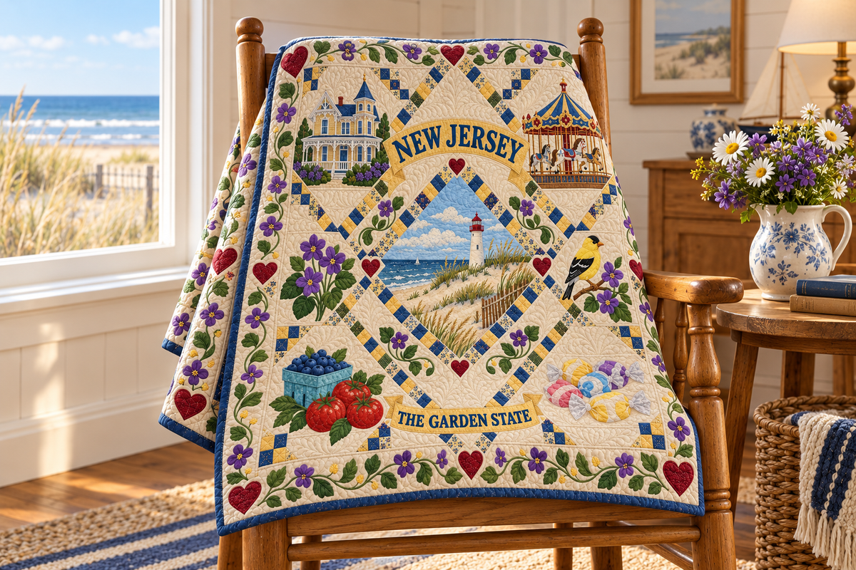 New Jersey Garden State Heritage Quilt Blanket — chair mockup in a setting inspired by the design