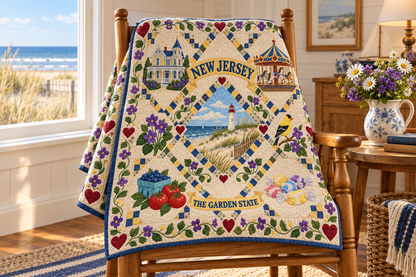 New Jersey Garden State Heritage Quilt Blanket — chair mockup in a setting inspired by the design
