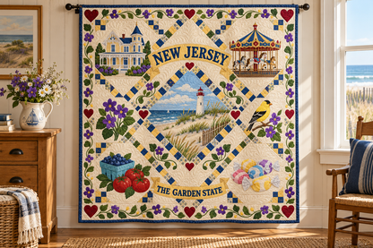 New Jersey Garden State Heritage Quilt Blanket — hanging mockup in a setting inspired by the design