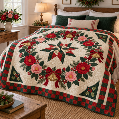 Camellia Christmas Wreath TD271026002 Quilt Blanket — bed mockup