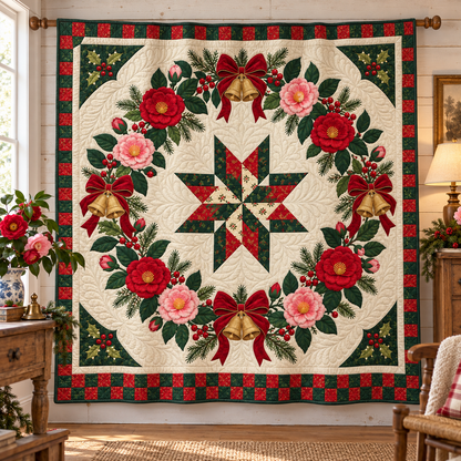 Camellia Christmas Wreath TD271026002 Quilt Blanket — hanging mockup