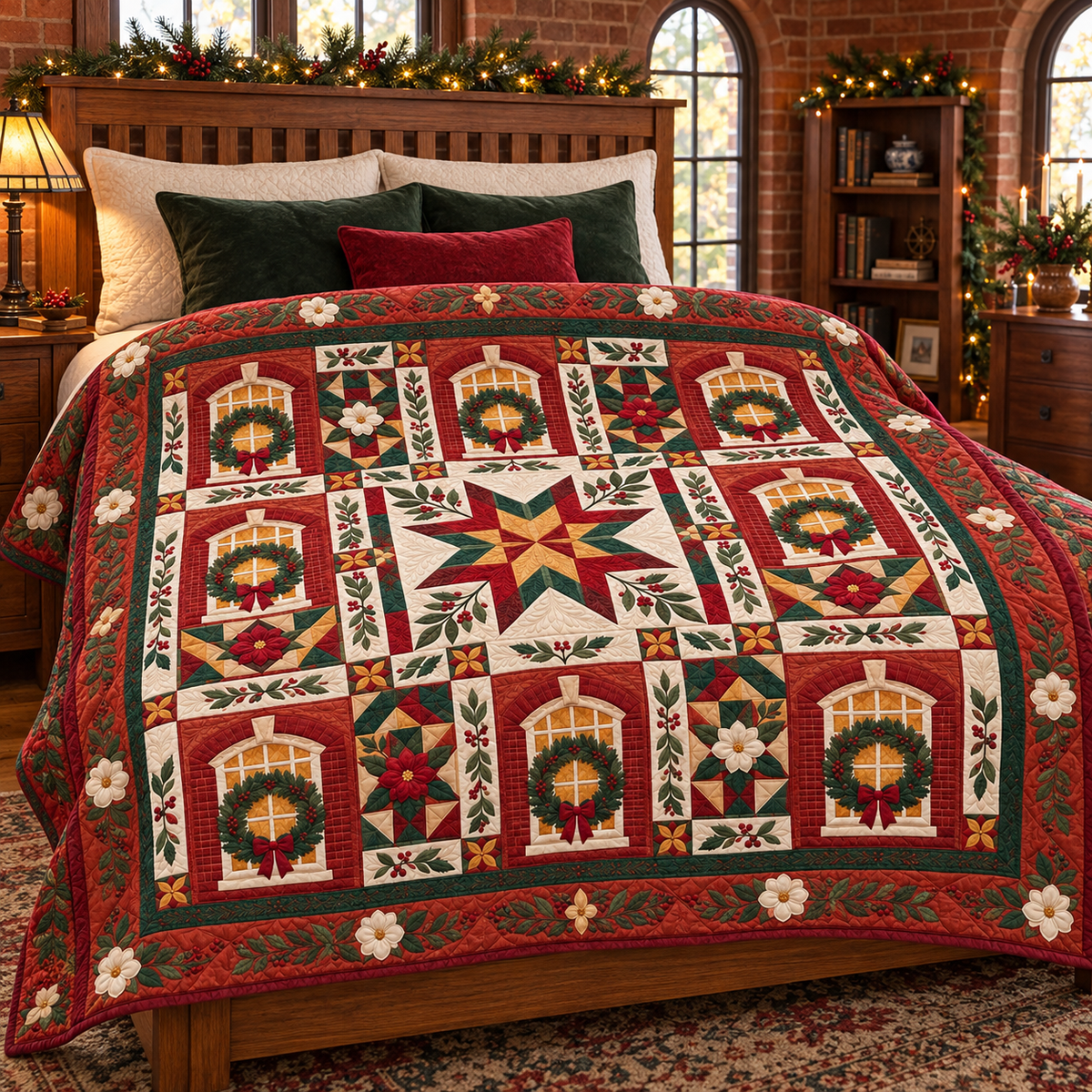 Tuskegee Christmas Windows TD271026004 Quilt Blanket — bed mockup