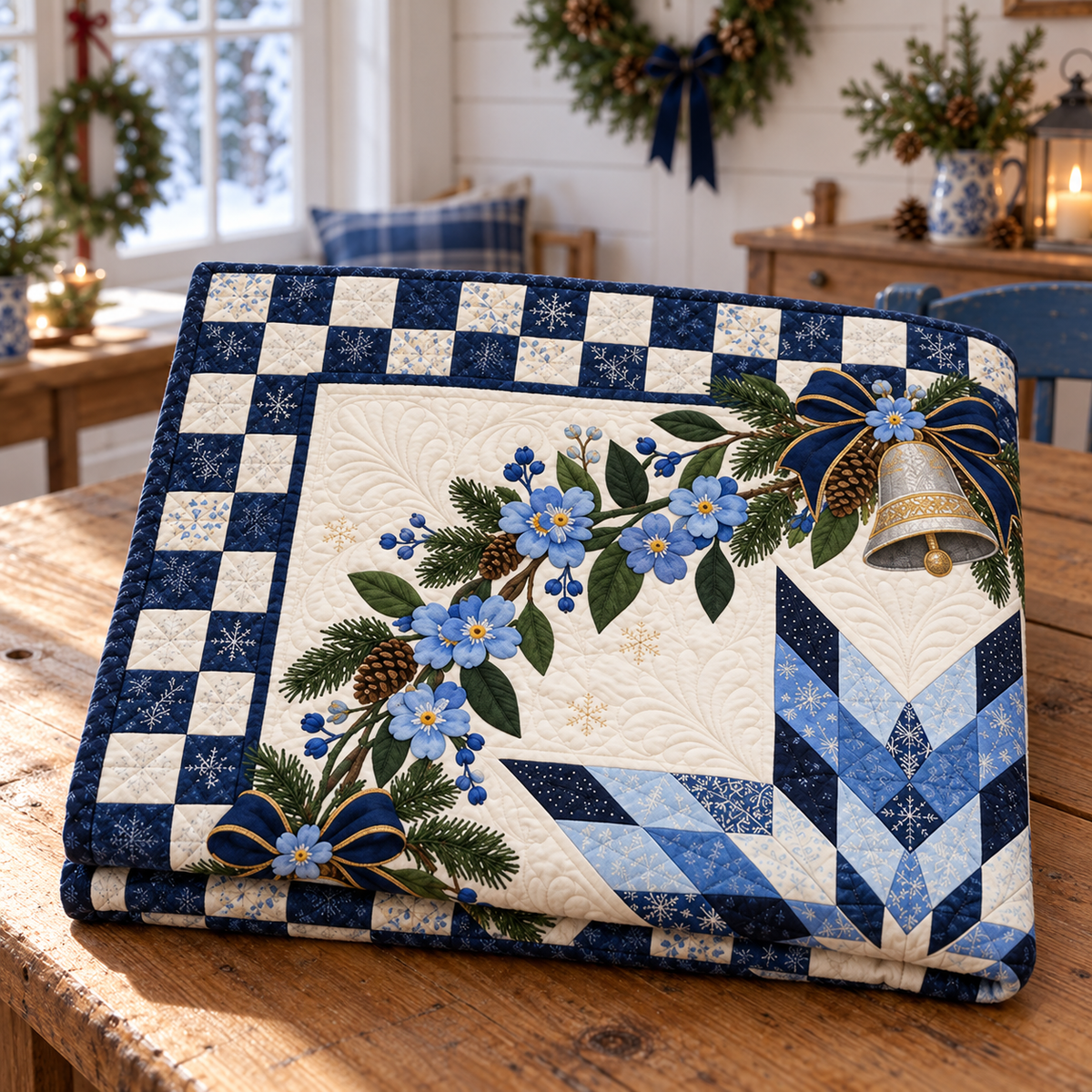 Forget-Me-Not Christmas Bells TD271026007 Quilt Blanket — folded mockup