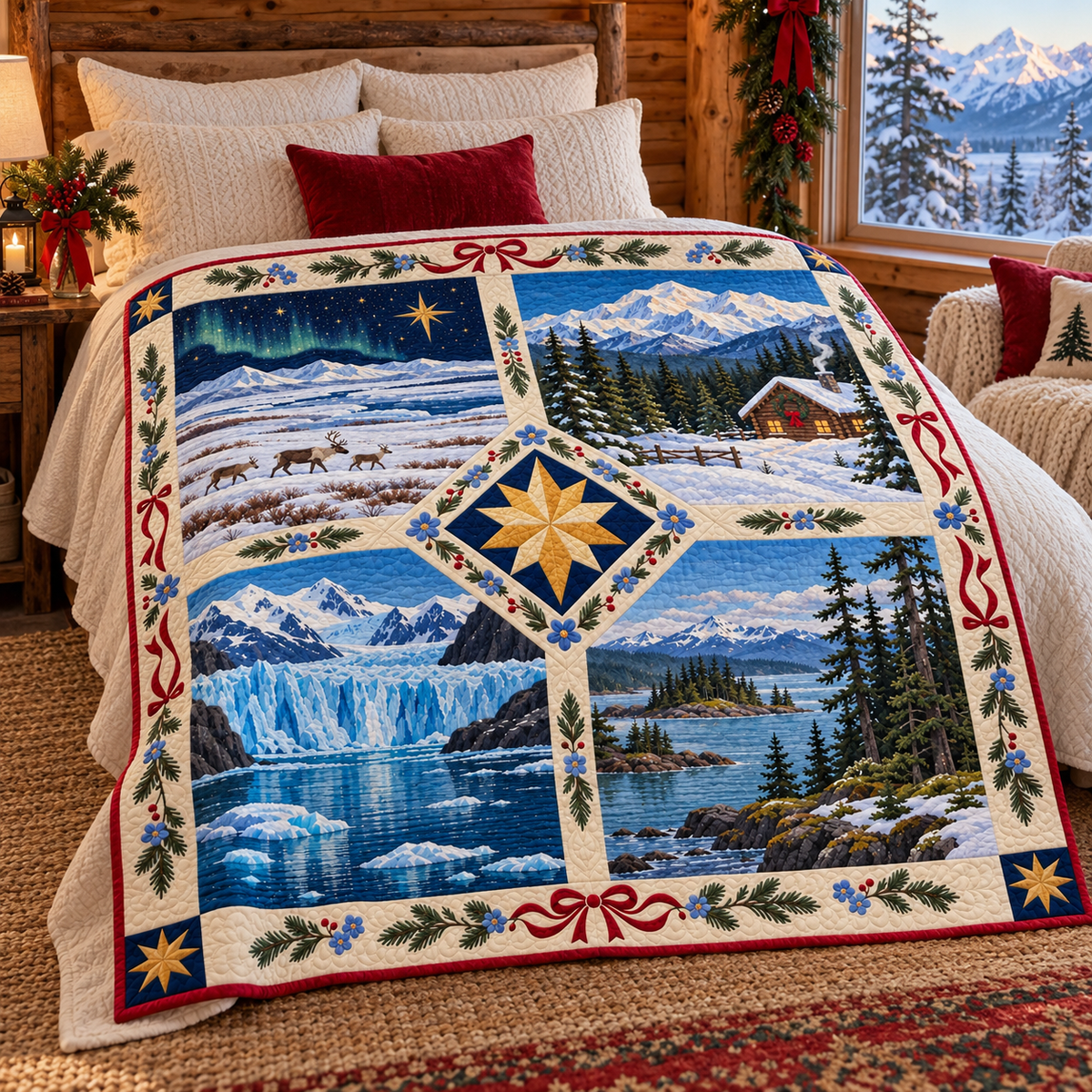 Last Frontier Christmas Windows TD271026010 Quilt Blanket — bed mockup
