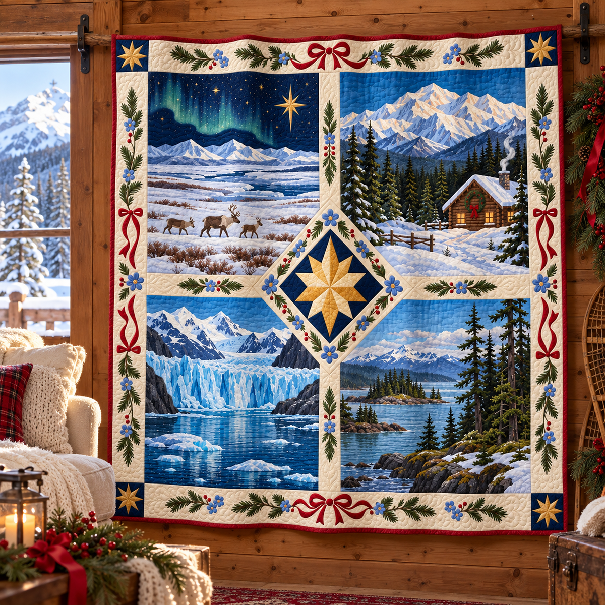Last Frontier Christmas Windows TD271026010 Quilt Blanket — hanging mockup