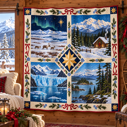 Last Frontier Christmas Windows TD271026010 Quilt Blanket — hanging mockup