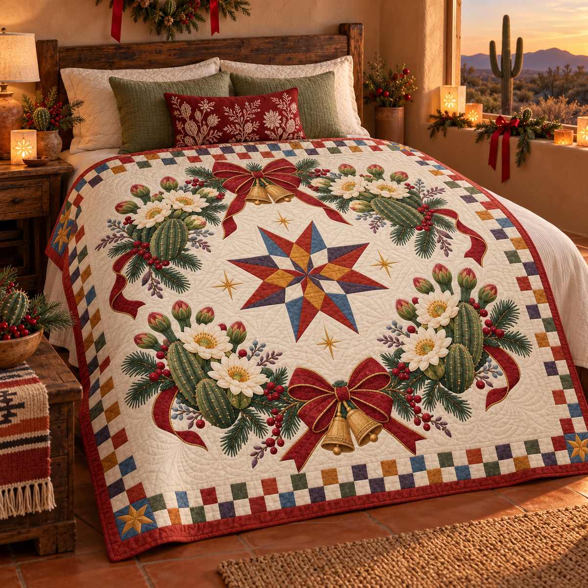 Saguaro blossom Christmas Wreath TD271026012 Quilt Blanket — bed mockup