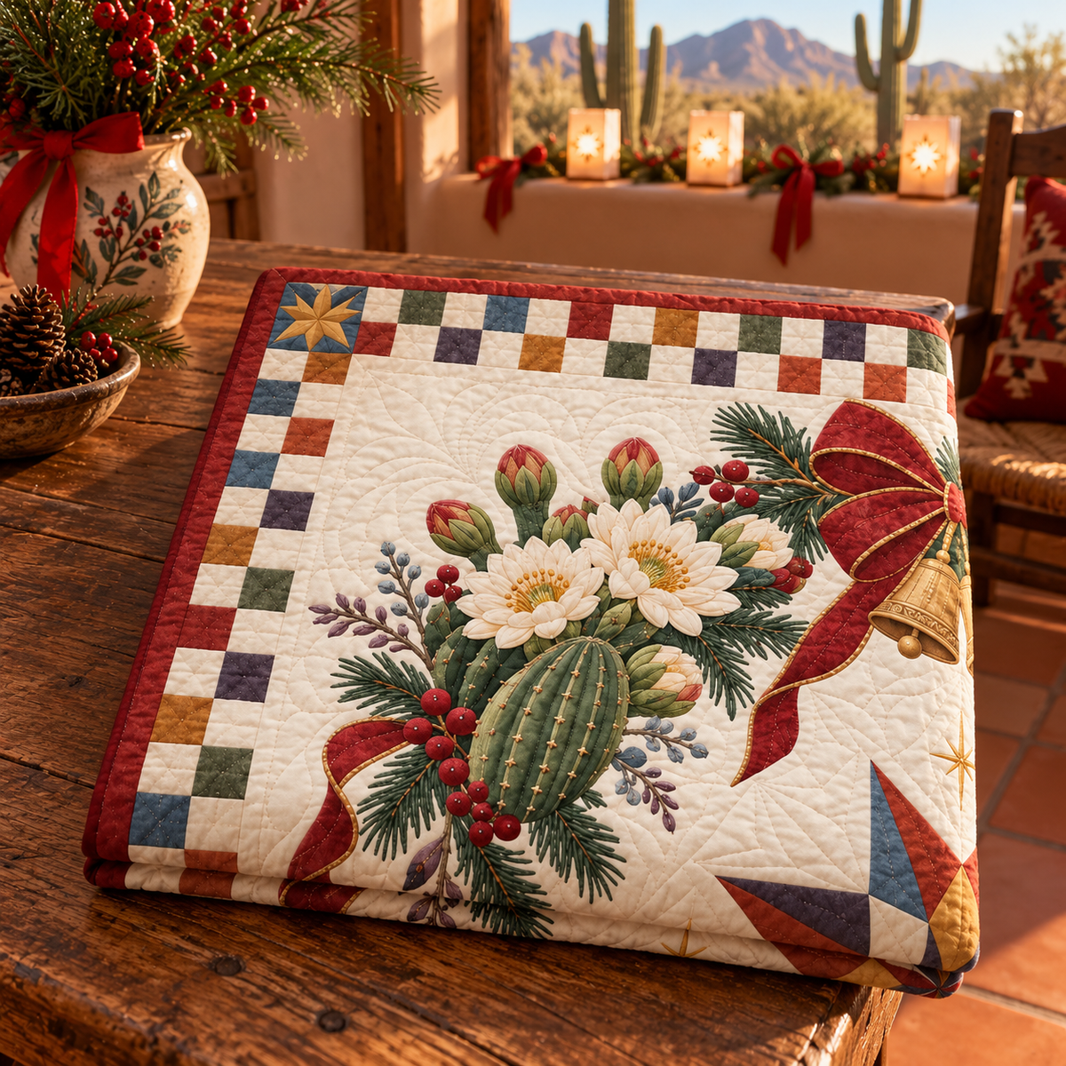 Saguaro blossom Christmas Wreath TD271026012 Quilt Blanket — folded mockup