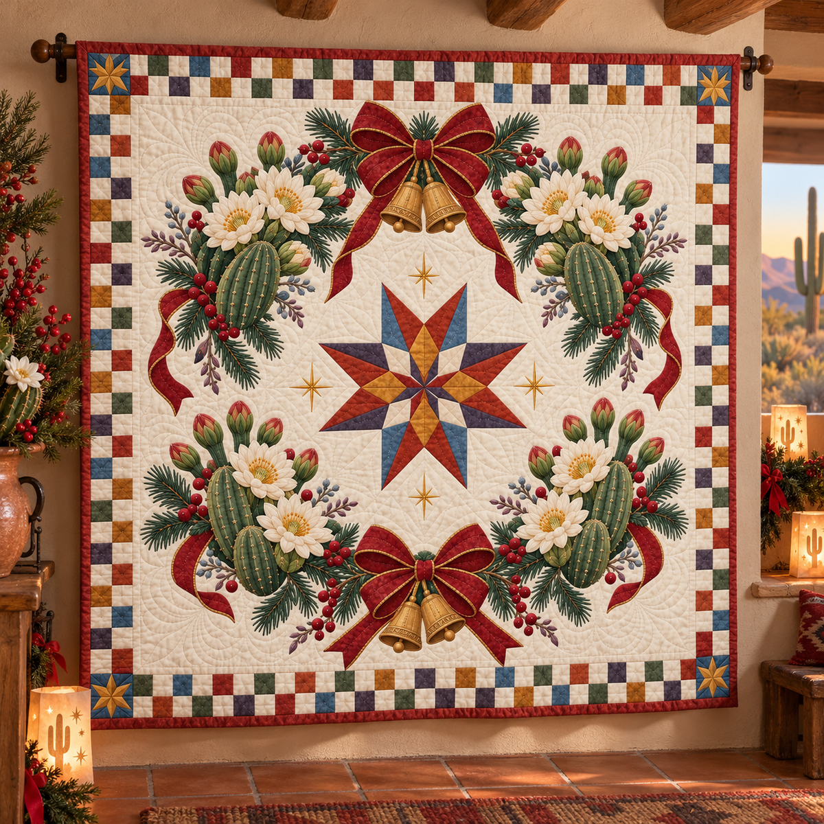Saguaro blossom Christmas Wreath TD271026012 Quilt Blanket — hanging mockup