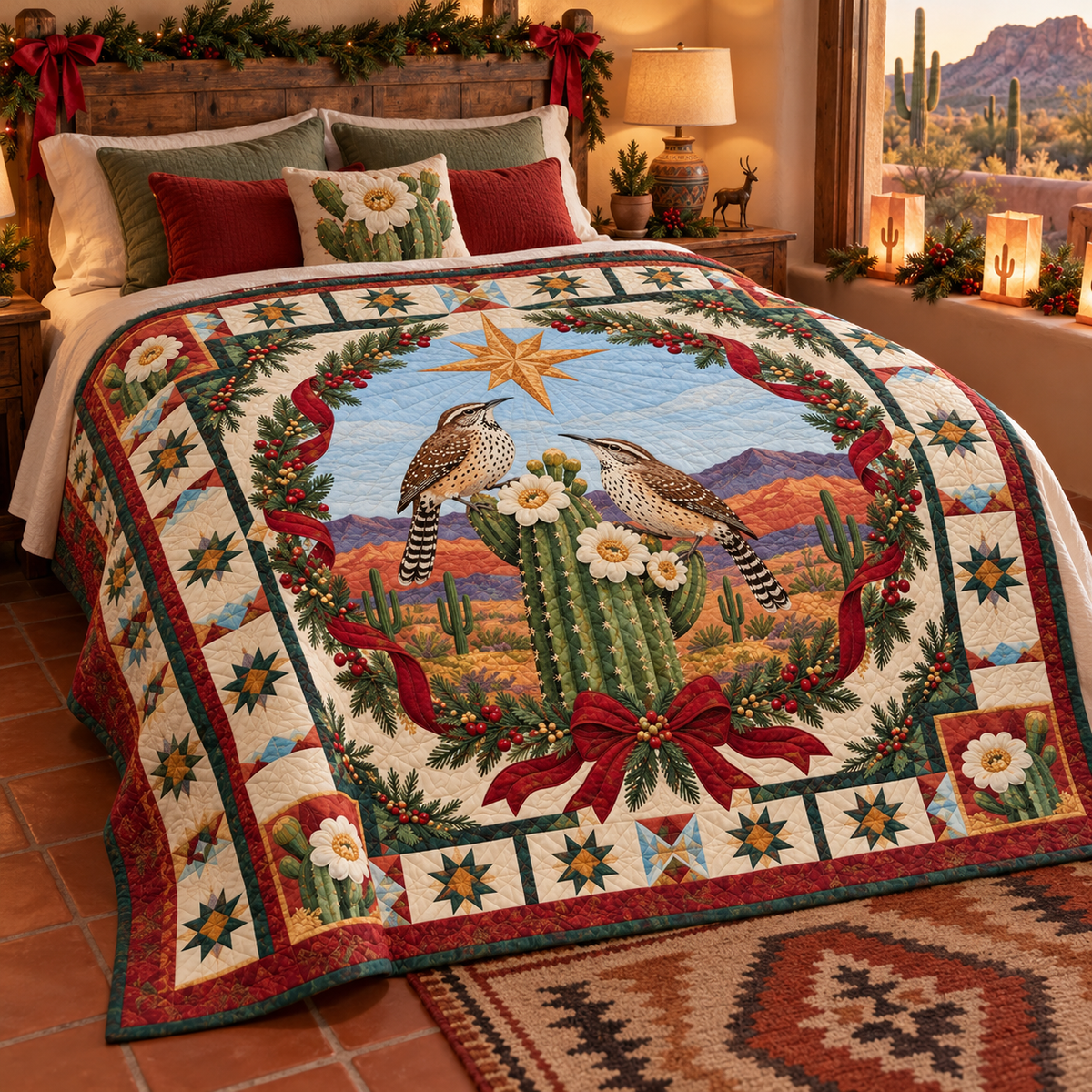 Sonoran Wren Song Christmas Star TD271026013 Quilt Blanket — bed mockup
