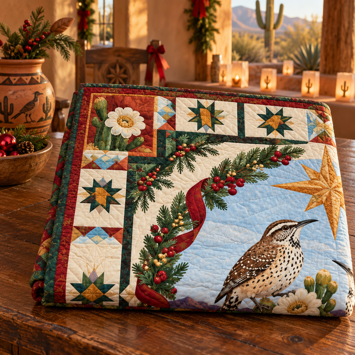 Sonoran Wren Song Christmas Star TD271026013 Quilt Blanket — folded mockup